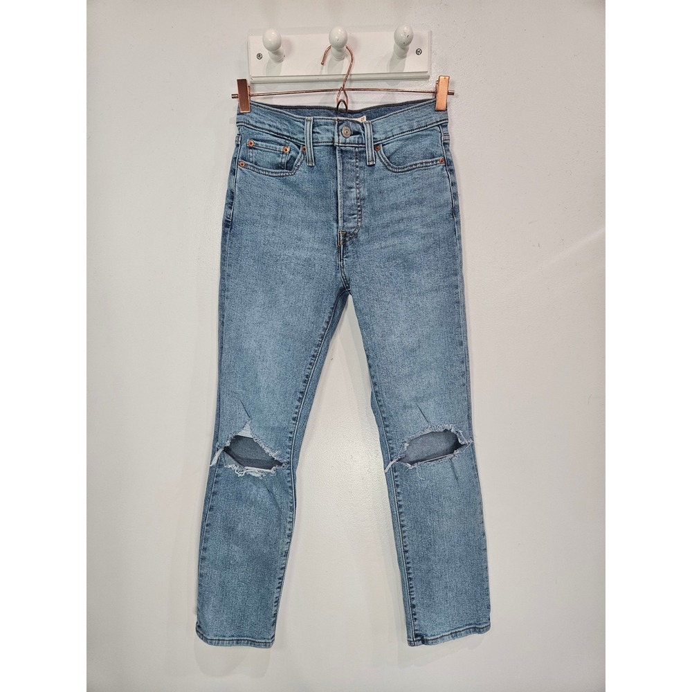 Levis Wedgie Straight High Rise Distressed Jeans Light Wash Blue W27 L28 34964